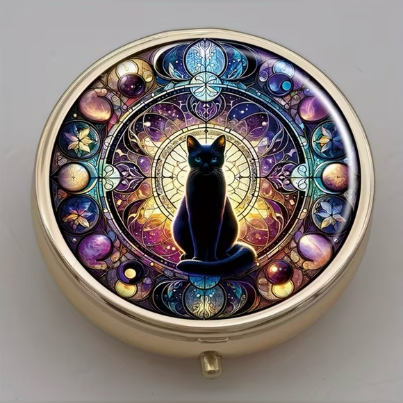 Black Cat & Moon Round Pill Organizer 3-Compartment Compact Pill Case New - Picture 8 of 8